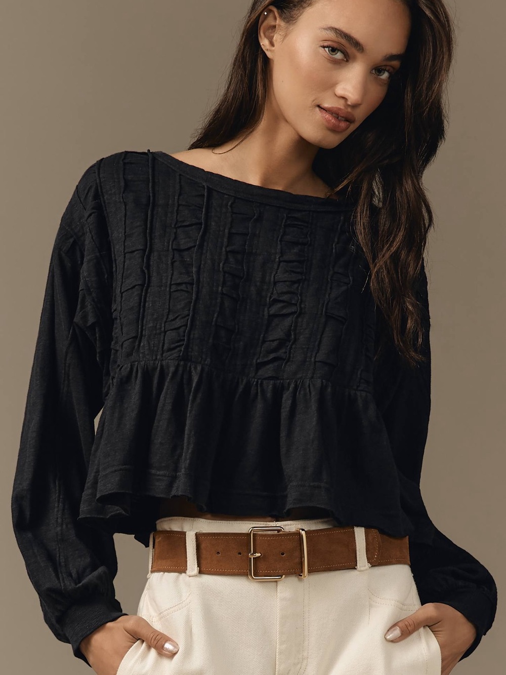 Pilcro Anthropologie Textured Babydoll Top XL Black Smocked Peplum Long Sleeve